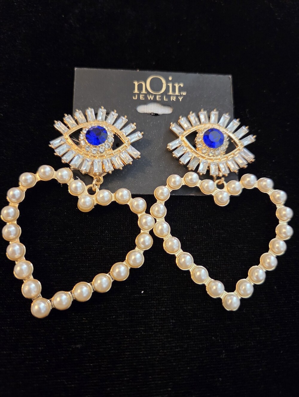 STATEMENT Jewelry Evil Eye Earrings " Noir" Pearl Hearts Pave Stones NWT